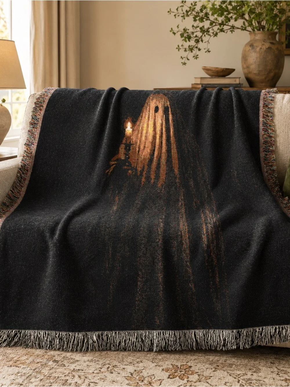 Ghost Candle Woven Throw Blanket - Black